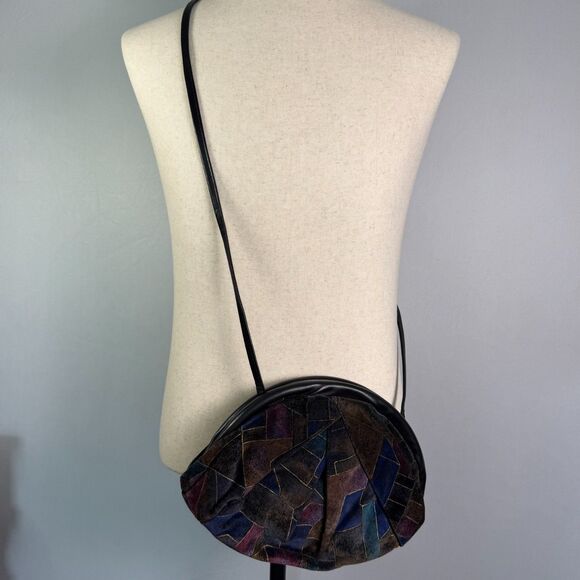 70s-80s Look Clamshell Velvet Purse Long Strap, Geometric Colorful Pattern 2/$50 - Picture 2 of 14